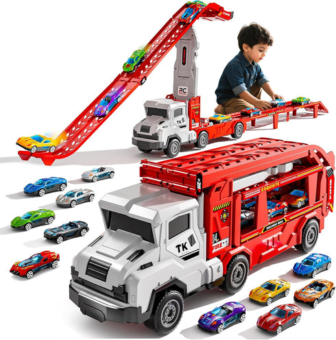 Novaluki Truck Toys for Kids, Transport Vehicle with 12 Die-Cast Car, Double Race