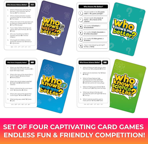 QUOKKA Set 4 in 1 Who Knows Better? - Fun Educational Trivia Card Game for Kids and Families