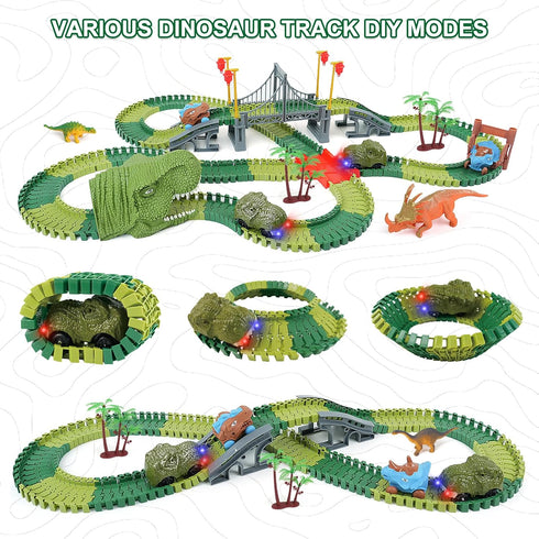 3 4 5 6 7 Set Dinosaur Track Toys for Kids - Best Birthday Gifts for Year Old Boys, Flexible Race Car Track with Light