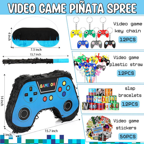 Meooeck 90 Video Game Party Favors, Game Controller Piñata, Blindfold, Confetti, Keychain, Gamer Birthday Decorations