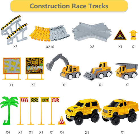 253 PCS Construction Race Tracks Toy for 3-8 Year Olds, 5 PCS Truck Car and Flexible Track Play Set