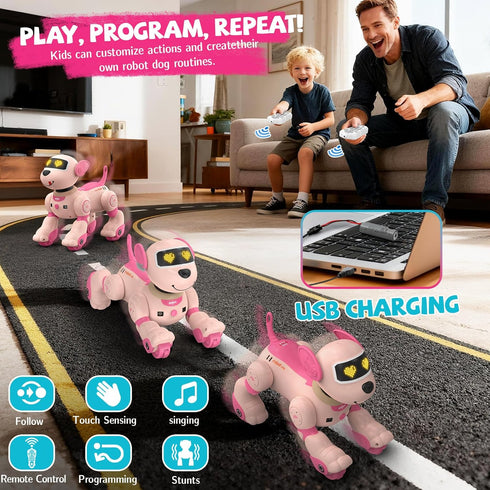 Programmable PRANITE Robot Dog Toy for Kids, RC Smart Robotic Puppy Interactive Touch Music Remote Control Follow Mode