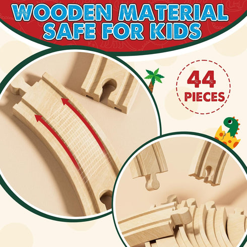 Lehoo Castle Wooden Train Set, Dinosaur Wooden Train Track Set for Toddlers 2-4, Fits Thomas and Brio