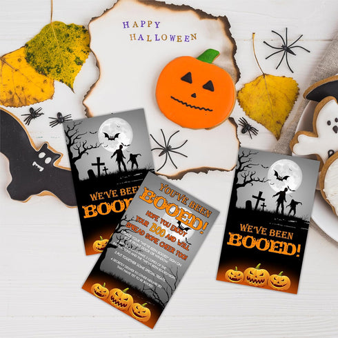 Halloween Party Game - You've Been Booed! Set of 50 Double-Sided Zombies and Graveyards Theme