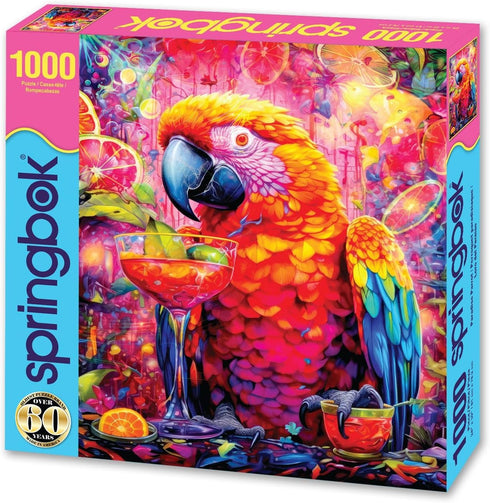 Springbok Paradise Parrot 1000 Piece Jigsaw Puzzle for Adults features a Colorful Parrot sipping a margarita in a jungle paradise