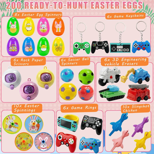 200 SQZUWIT Pcs Prefilled Easter Eggs Filled with Toys Inside for Kids Boys Girls Pre-filled Easter Hunt Basket