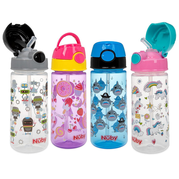 Nuby 2-Pack Kid’s Printed Flip-it Active Water Bottle, 18oz / 540ml with Push Button Cap, 18+ Months