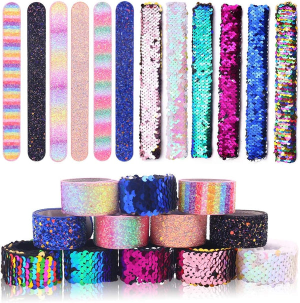 VGOODALL 12 PCS Glitter Slap Bracelets for Kids, Sequin Mermaid Wristbands for Birthday Party Favors Supplies