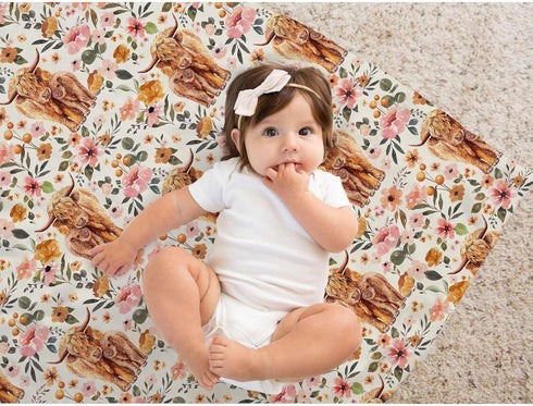 Highland Cow Baby Blanket, Boho Floral Farmhouse Minky Blanket, Double Layer Dotted Backing, 30"x40" for Nursery