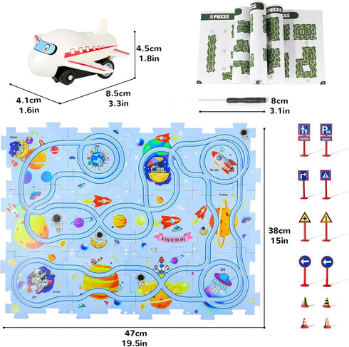 Plastic Floor Puzzles for Kids with Airplane Toy Car, Educational Track Car Play Set for Ages 2-6