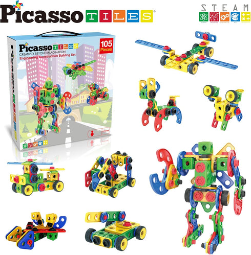 Picasso Toys STEM Learning Toys 105 Piece Building Block Set, Kids Construction Engineering Kit with IdeaBook