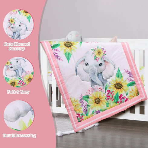 Set 3 Set Set Cloele Crib Bedding for Baby Girls - Piece Elephant Baby Bedding Includes Pink Crib Skirt Crib Quilt
