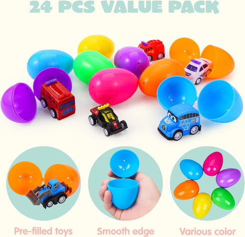24 JOYIN Pcs Filled Easter Eggs with Pull Back Construction Cars, Prefilled Easter Egg with Vehicle for Kid Boys