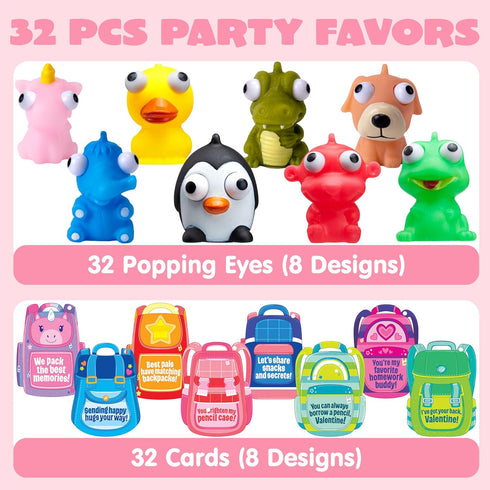 32 JOYIN Pcs Valentines Day Pop-Eye Cute Keychains with Cards, Fidget Toys Squeezable Relief Stress for Toddlers