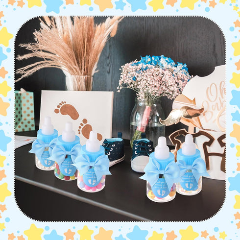 48 Sets 3.5 Inch Teenyyou Blue Mini Baby Bottles for Baby Shower Party Favor Game Plastic Milk Bottles with Thank You