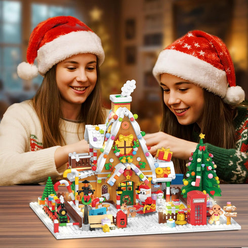 2025 Set 14+ (1763PCS) PLAXSOON Christmas Gingerbread House Courtyard Mini Building with Lights, Christmas Village