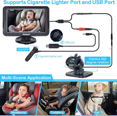 Rohent 5-Inch 1080P, Baby Car Camera - HD Night Vision, Easy Install, Rear & Forward-Facing Seat Camera, USB Powered