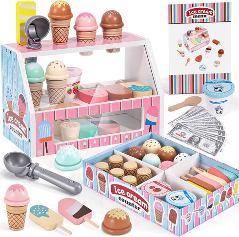 Wooden Ice Cream Toys Kitchen Play Store - Play Kitchen Accessories for Toddlers 3-5, Scoop, Menu & Fake Money