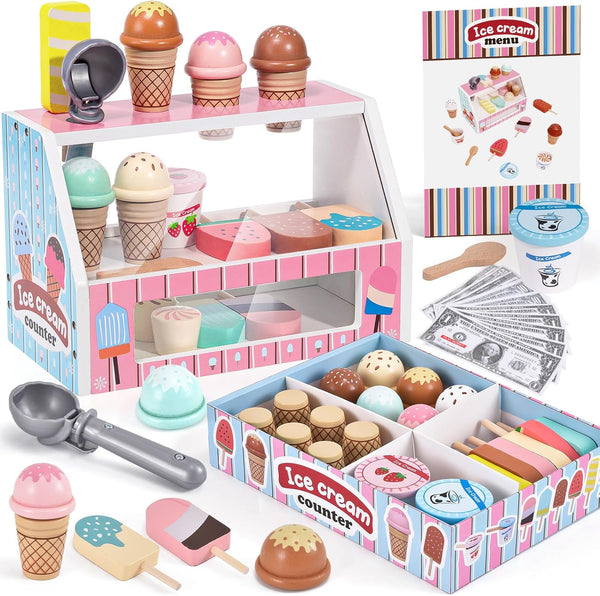 Wooden Ice Cream Toys Kitchen Play Store - Play Kitchen Accessories for Toddlers 3-5, Scoop, Menu & Fake Money