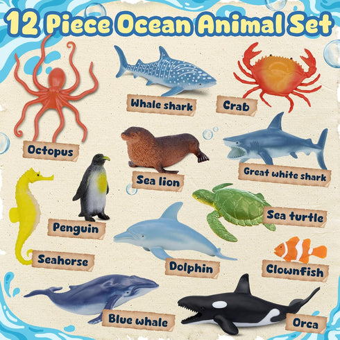 Set 12 Ocean Sea Life Toy Figures for Kids, PCS Realistic Marine Animals with Shark, Dolphin, Sea Turtle, Penguin