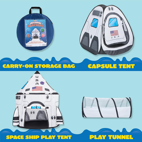 JOYIN White Rocket Ship Pop Up Play Tent - Kids Indoor Outdoor Spaceship Tent Set with Tunnel and Playhouse
