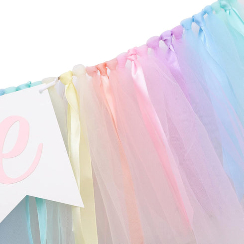 LINLULU 1st Pastel Rainbow High Chair Banner - Tulle & Ribbon Highchair Banner for Birthday Girl, Rainbow Decorations