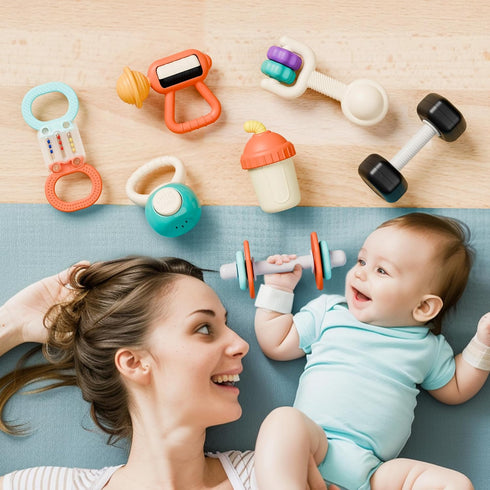 Set, 3-6-12 5 7 8 9 10 Girl-7PCS iPlay, iLearn Baby First Gym Rattle Infant Dumbbell Weights Teething Rattles Month