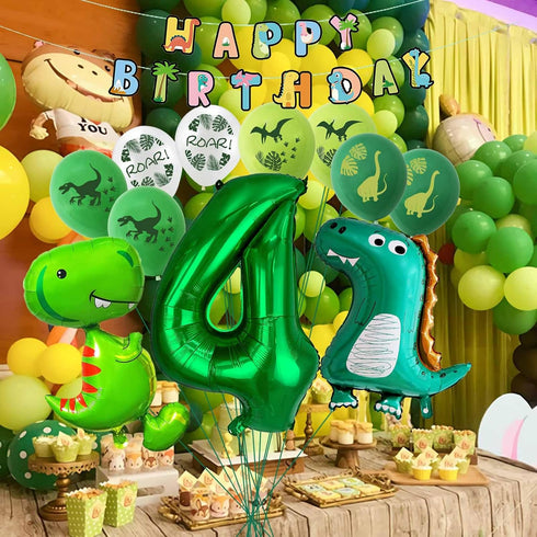 Dinosaur 4th Birthday Decorations, Large Foil Balloons, Happy Birthday Banner, Number 4 Balloon