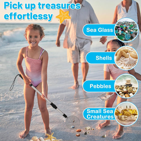 2 Pack 21.8in~34in Biggun Shark Tooth Sifter with Seashell Bags, Adjustable Sand Sifter & Beach Shovel, Beach Sand Toys