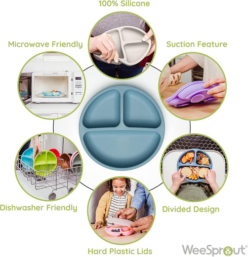 WeeSprout Suction Plates with Lids for Babies & Toddlers - 100% Silicone, Dinnerware Stays Put, Divided Design for Picky Eaters, Microwave & Dishwasher Friendly, 3 Pack by WeeSprout