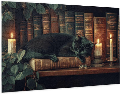 Yuwvewv 1000 Piece Puzzle for Adults Black Cat Sleeping on Bookshelf in Warm Glow Puzzle for Book Lovers