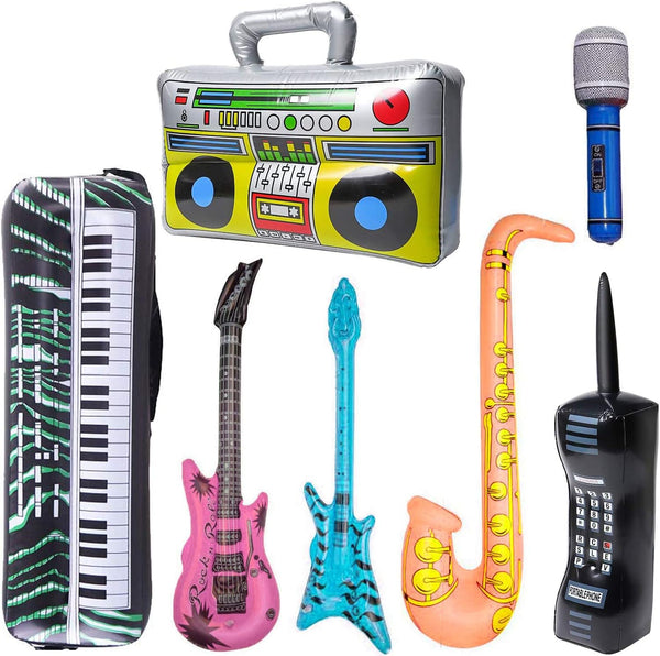 WedFeir Inflatable Rock Star Toy Set, 7 Pack Inflatable Boom Box Mobile Phone