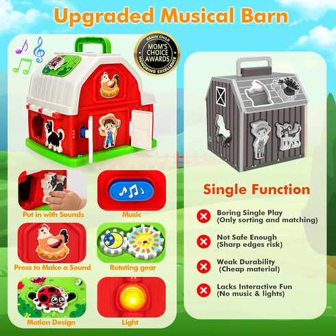 1 2 3 1-3, 12-18 Montessori Toddler Toys for Year Old Boys Girls, Musical Farm Animals Barn Toy with Sound & Light