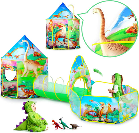 3PC Dinosaur Tent for Girls, Kids Ball Pit, Play Tents and Crawl Tunnel, Pink Pop Up Playhouse Toys