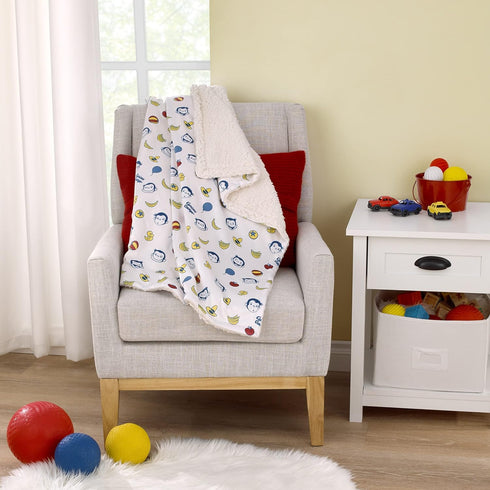 Welcome to The Universe Baby Blanket, Super Soft Sherpa with Curious George, White, Blue, Red, Yellow Balloons