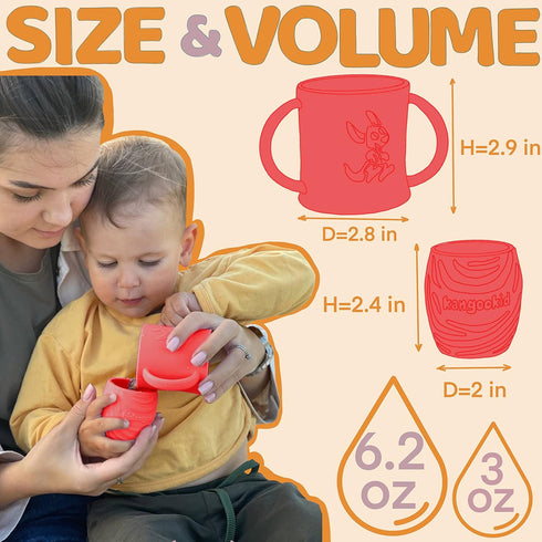 Open Cup Set for Baby, 2 Handled Tiny Cups for Toddlers, Transitional Silicone Cup for 6+ Months (Red)