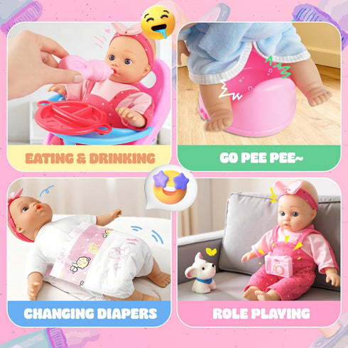 PlaySet 12 Inch Set 2 3 4 5 SMILESSKIDDO Baby Doll with Stroller - Soft Body Dolls and Accessories Dining Chair, Doll