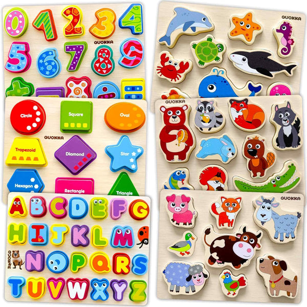 QUOKKA Wooden Puzzles for Toddlers 1-3 6XSET Chunky Toddler Puzzles Ages 2-4