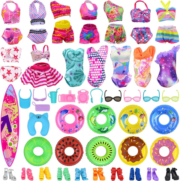 Ecore Fun 35 PCS Doll Clothes Swimwear Beach Bathing Kit, 10 Bikini Swimsuits, 2 Swimming Rings, 4 Fashion Glasses