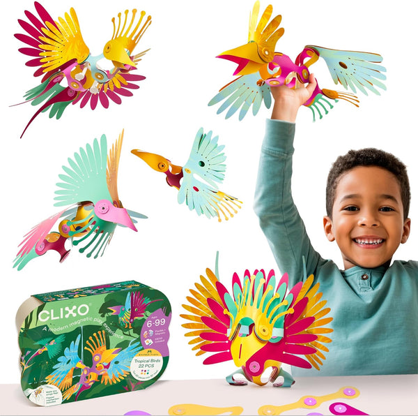 Clixo Tropical Birds Pack - Magnetic STEAM Building Toy Set with Custom