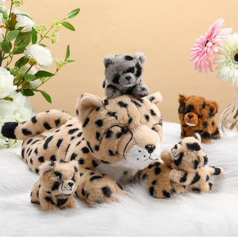 5 Pcs Cheetah Stuffed Animals Set, Large Mommy Cheetah Plush with 4 Soft Cuddly Baby Cubs for Gifts
