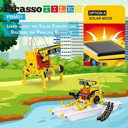 PicassoTiles STEM Kids Solar Powered Transformer Robot, 12-in-1 Educational Building Toy for Age 8+