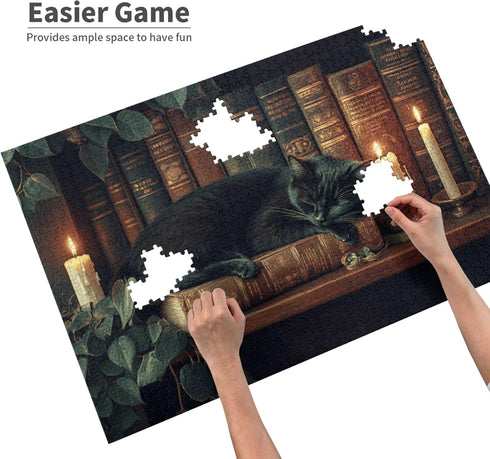 Yuwvewv 1000 Piece Puzzle for Adults Black Cat Sleeping on Bookshelf in Warm Glow Puzzle for Book Lovers