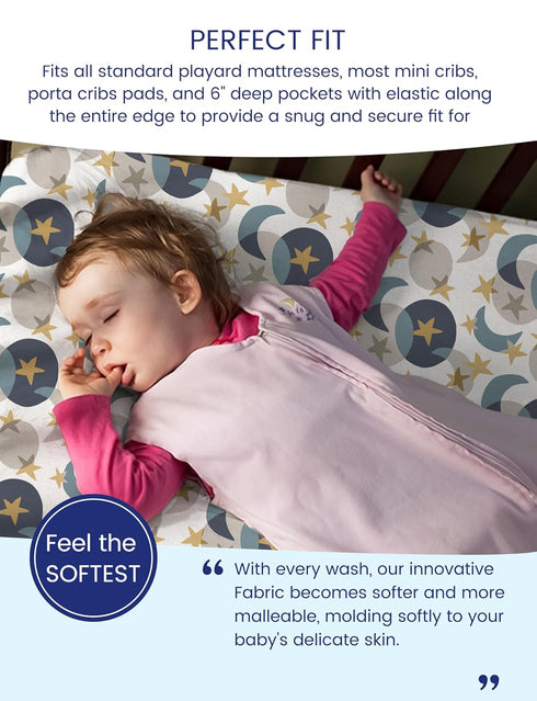 TotAha Space Mini Crib Sheets Fitted, Star & Moon Pack N Play Sheets, Super Stretchy Jersey Knit Playard Sheets, Compatible with Graco Pack N Play Playard Crib and Other Playpen Mattress by TotAha