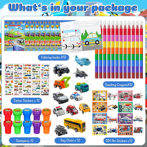 72 Set, Cinrobiye Pcs Transportation Party Favors Vehicle Car Coloring Books Crayons Tattoos Stickers Stampers