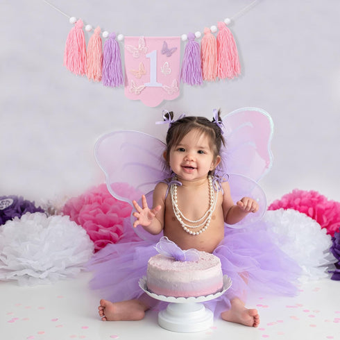BASCT 1st Butterfly Birthday High Chair Banner - Fairy Pink and Purple Tassel, Spring Decoration for Girls (Highchair