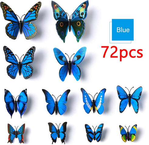 LiveGallery 72 PCS Removable 3D DIY Beautiful Butterfly Wall Decals Blue Butterflies Art Decor for Kids Bedroom
