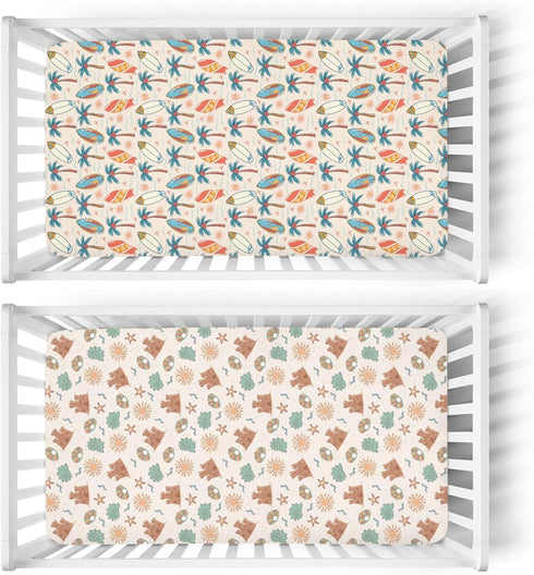 ZoUbqchY 28"x52" Summer 2 Pack Retro Boho Surfing Baby Crib Sheets for Boy Girl Surfboards Coconut Palm Trees Sun Soft