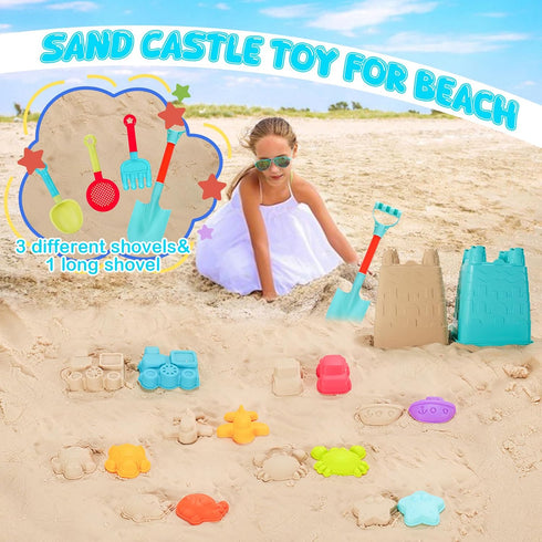 BeneFine 14 Piece Beach Toys,Castle Barrel Bucket,Sea Animal and Traffic Sand Molds,Beach Shovel Tool Kit, Fun Outdoor