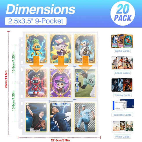 360 9 3 (20 Pack) Pockets Binder Card Sleeves Double-Sided Pocket Trading Card Pages for Ring Binder, Clear Plastic